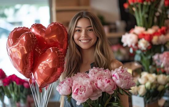 Smiling young woman holding peonies and heart-shaped balloons in a flower shop photo