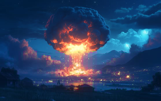 Explosion lights up a night sky over mountains and water bodies in a dramatic display of power photo