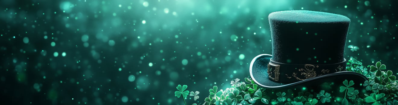 Green top hat resting on clovers with a glowing background in a whimsical setting photo
