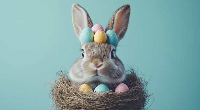 Cute rabbit wearing pastel eggs on its head sits in a nest during springtime festivities photo