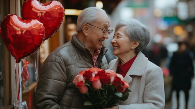 Loving couple shares joyful moment on a city street, celebrating together with flowers and hearts photo