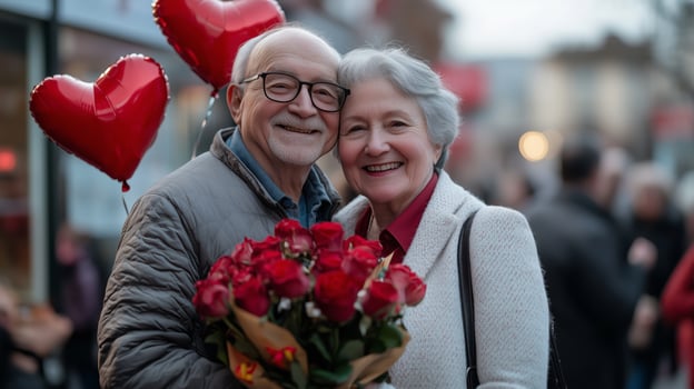 Elderly couple celebrating love with roses and heart-shaped balloons in a lively street photo