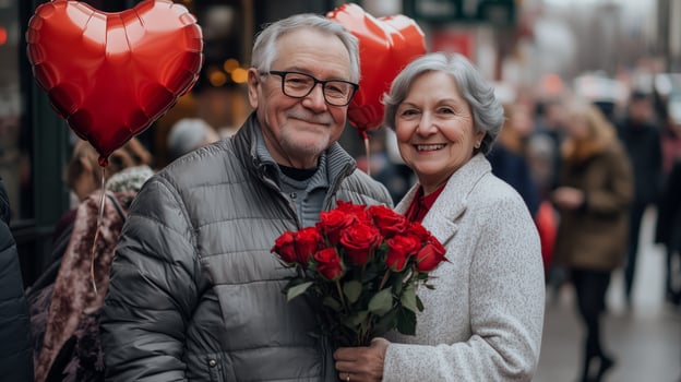 An older couple holding red roses and holding balloons photo