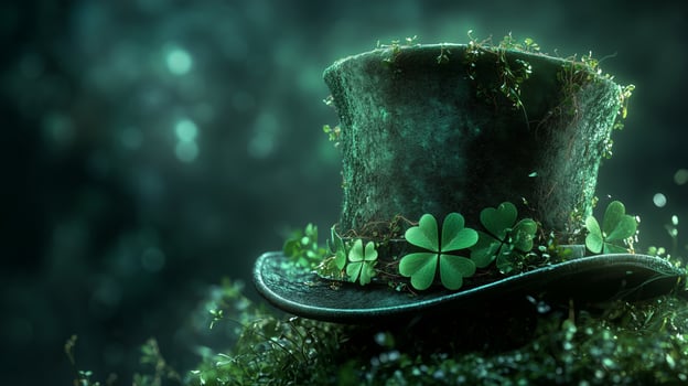 Mossy top hat adorned with clovers in a mystical forest setting photo