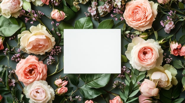 Decorative floral arrangement with blank card for invitations or messages photo
