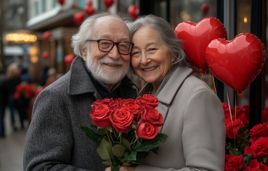 An older couple holding red heart shaped balloons photo
