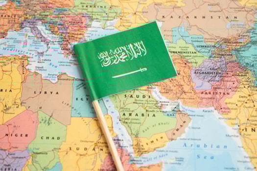 Bangkok, Thailand December 7, 2023, Saudi Arabia flag on world map. photo