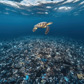 Ocean turtle swims over large expanse of plastic debris in the ocean during daylight photo