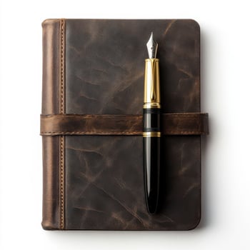 Elegant leather notebook and fountain pen resting on a white surface with soft lighting photo