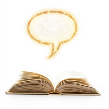 Open book with glowing speech bubble above, symbolizing communication and knowledge exchange photo
