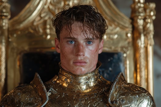 Young man in golden armor sits on a throne photo