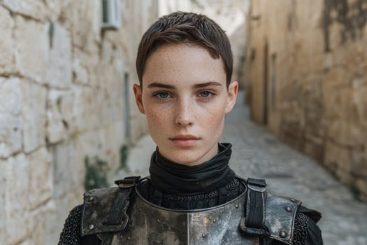 a woman in armor standing in a street photo