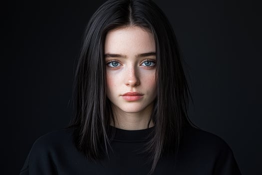 a young woman with long black hair and blue eyes photo