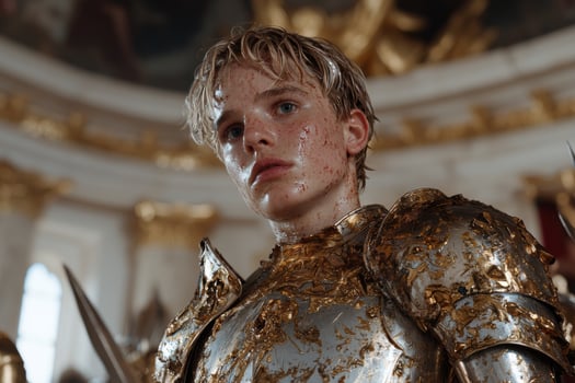 Young man in gold and silver armor, blood on his face photo