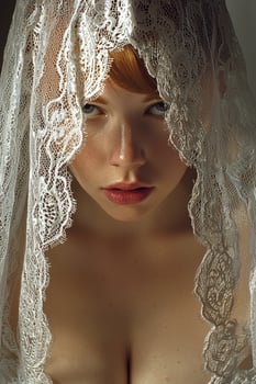 Mysterious redhead woman in white lace veil photo