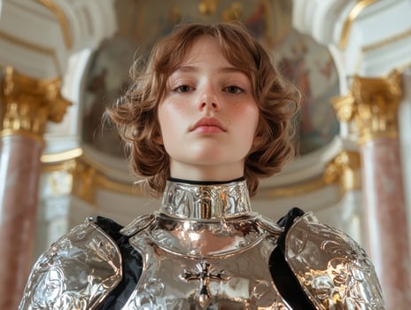 Young woman in shining silver armor, medieval fantasy portrait photo