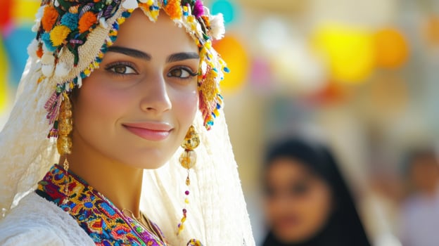 Woman in traditional attire, marching proudly in diverse and peaceful demonstration. Women's Day photo