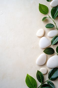 Smooth white and beige stones are arranged alongside lush green leaves on a matte beige surface, creating a serene and calming natural backdrop perfect for text overlay photo