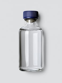 Clear glass bottle with a blue cap on a white background photo