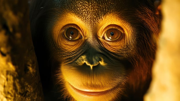 A young orangutan looks out from behind a tree trunk. photo