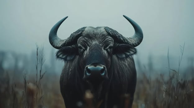 A large African buffalo stands in a field of tall grass. photo