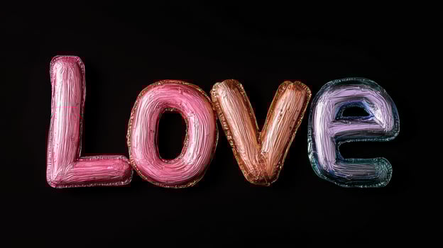 Love word made of metallic pink, copper, and purple foil balloons on black background photo
