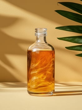 Amber essential oil in a glass bottle on a beige background photo