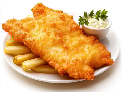 fish and chips on a white plate photo