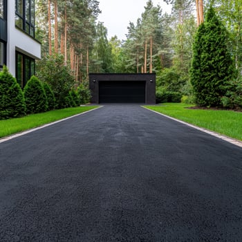 Modern black garage and driveway in a forest setting photo