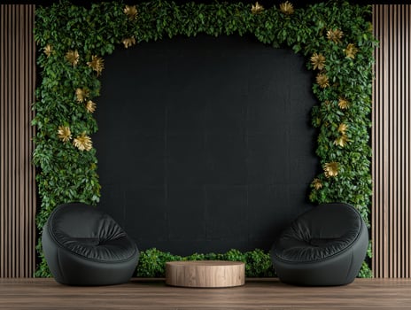 Luxury black chairs and wooden stand in a modern room with a black wall and green plants photo