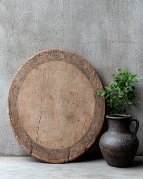 Rustic wooden board with decorative carvings and a dark brown clay jug with green plant photo