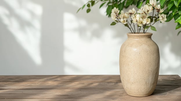 Beige ceramic vase with white flowers on wooden table photo