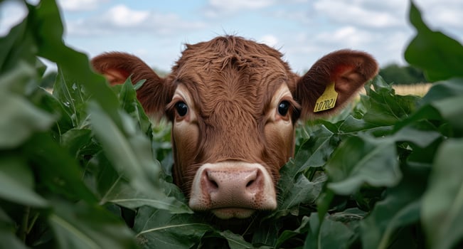 Close up of a curious brown cow peeking through green leaves photo