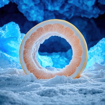 Grapefruit ring in a snowy landscape, creative food photography photo