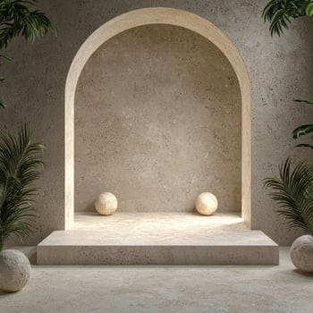 Beige stone arch niche with empty product display podium and decorative spheres photo