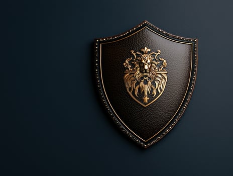 Ornate golden lion emblem on a dark brown leather shield photo