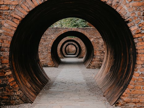 Tunnel of brick arches leading to a path photo