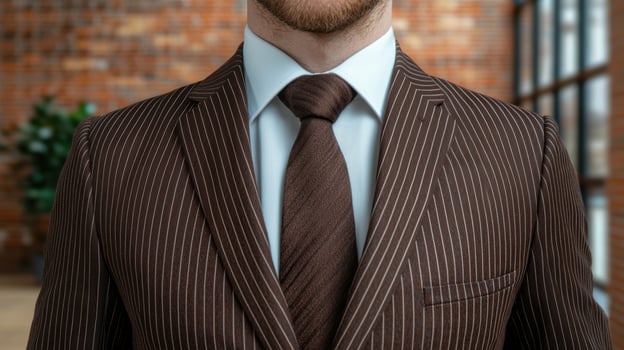 Close up of a man in a brown pinstripe suit and white shirt photo