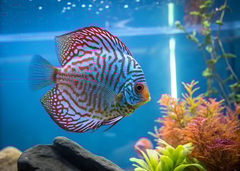 A round discus fish with a mix of red, blue, and white patterns swimming in a brightly lit aquarium photo