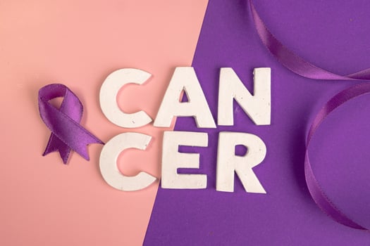 The word Cancer is spelled out in white letters next to a purple ribbon. World cancer day concept background photo