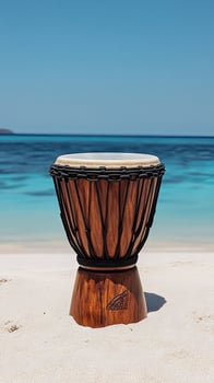 A drum sitting on the beach near the ocean photo