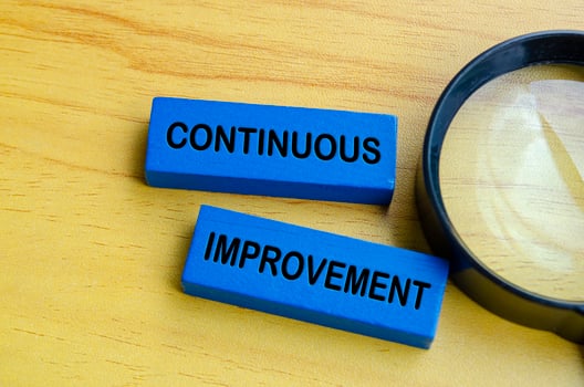 Top view of continuous improvement text on blue wooden blocks with magnifying glass background. Continuous improvement concept photo
