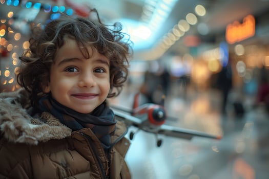 A young boy is smiling while holding a toy airplane photo