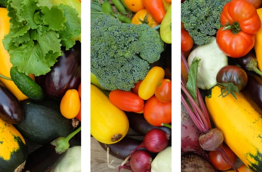 Collage of different colorful vegetables on a wooden background . Harvest and summer season concept photo