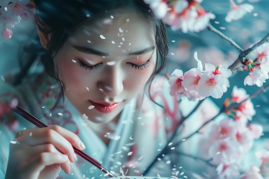 A woman in a kimono is holding a brush and looking at a cherry blossom photo