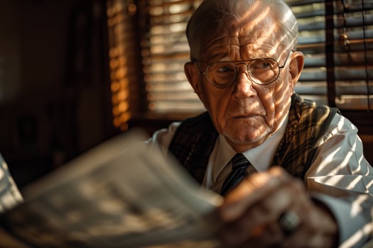 An older man reading a newspaper photo
