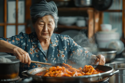 An older woman cooking in a kitchen photo