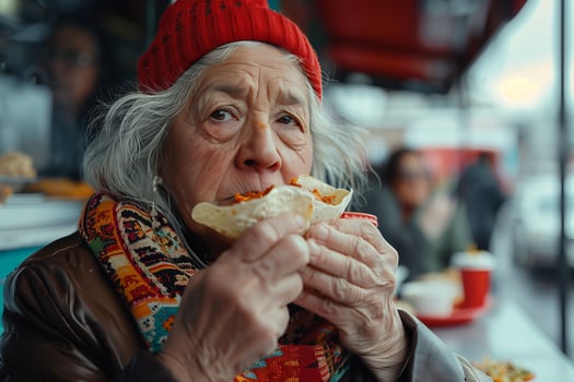 An older woman eating a sandwich outside photo