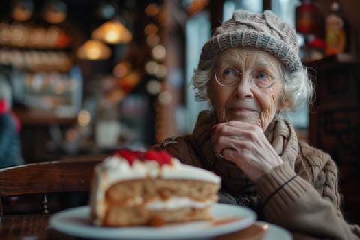 An elderly woman sitting at a table with a cake photo