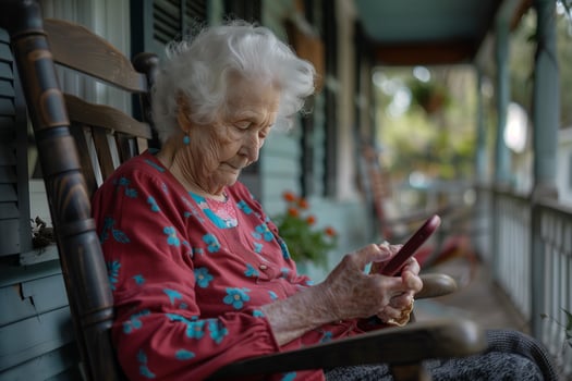 An elderly woman sitting on a porch using her phone photo